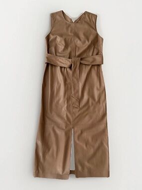 Calvin Klein Faux Leather Sleeveless Midi Dress in Camel